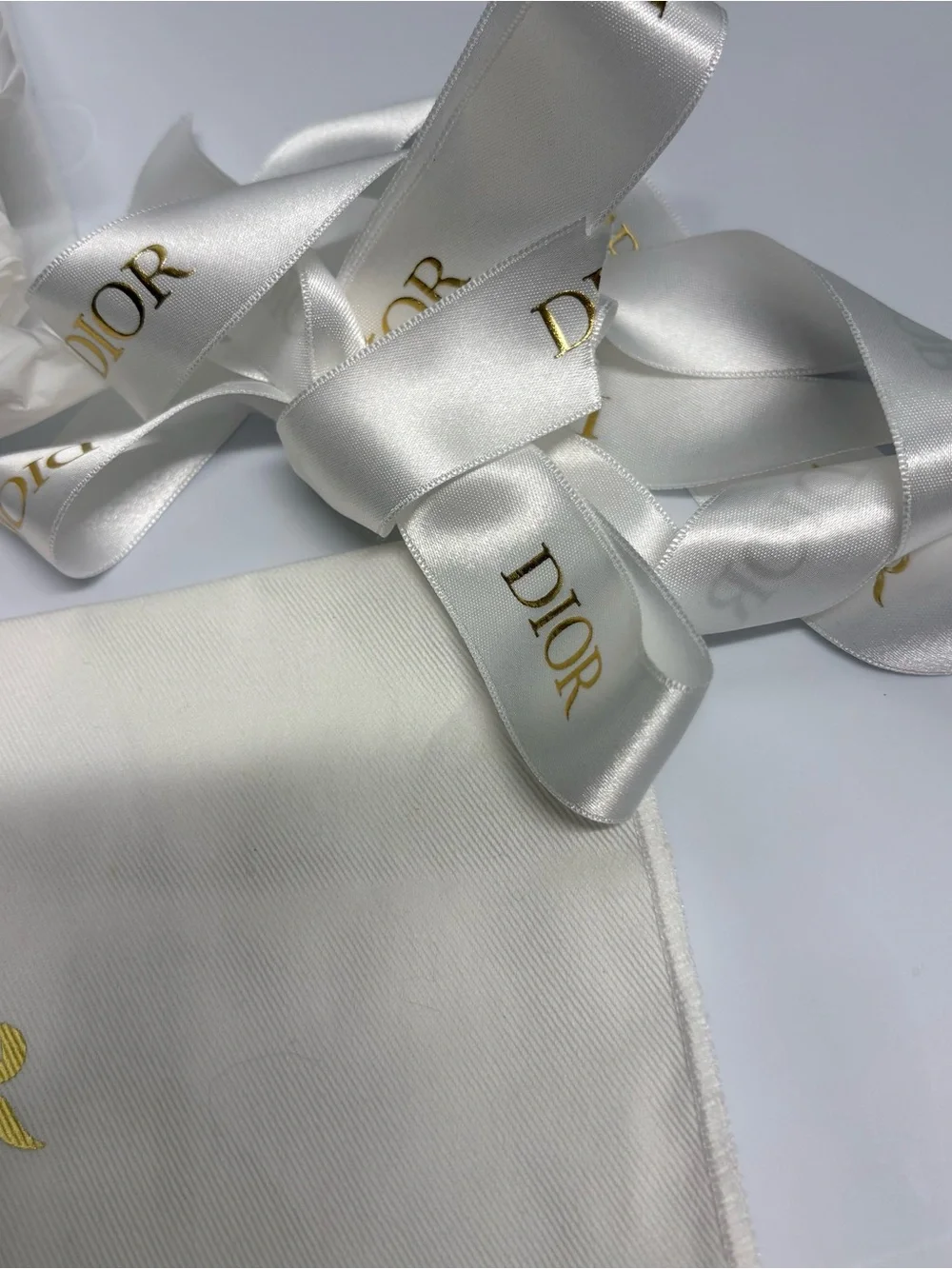 Dior White Satin Logo Dust Bag with Gold Print and Ribbon